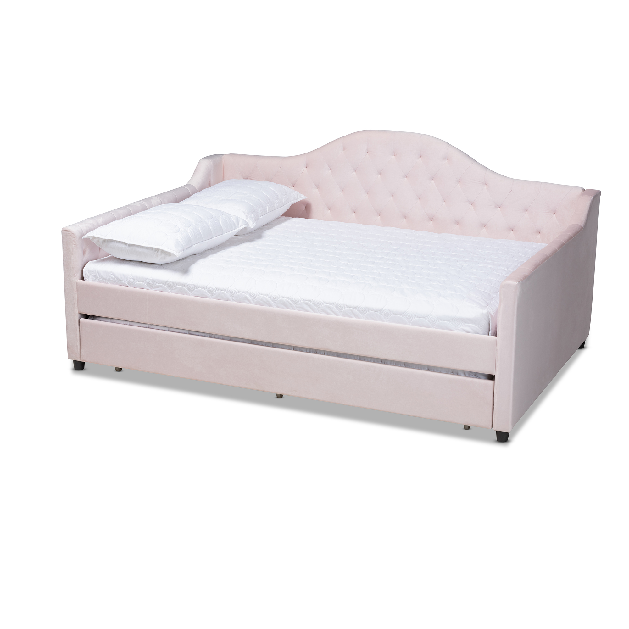 Baxton Studio Perry Modern and Contemporary Light Pink Velvet Fabric Upholstered and Button Tufted Queen Size Daybed with Trundle